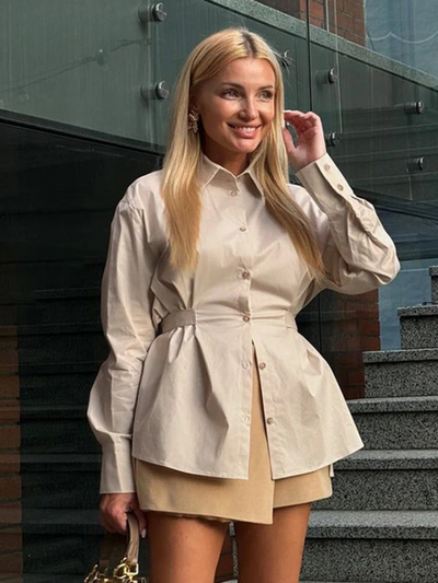 Phoebe™ | Tailored Khaki Peplum Shirt